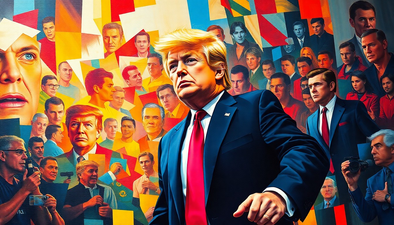 A vibrant, abstract painting depicting the fractured, overlapping silhouette of Donald Trump entering a sports arena, conveying the dynamic energy and political spectacle of his surprise appearance.