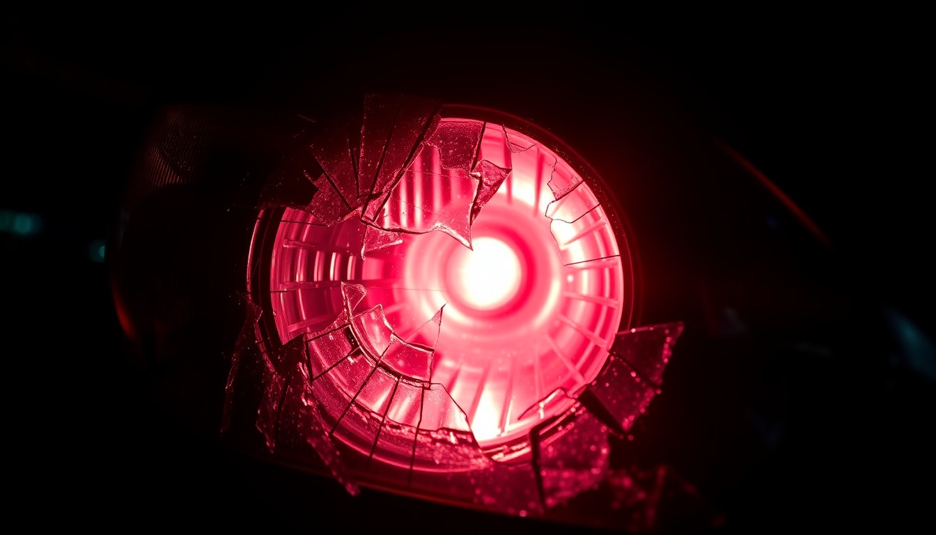 An extreme close-up photograph of a shattered car headlight lens reflecting a faint red light, conceptually illustrating the aftermath of a collision between a police vehicle and a suspected drunk driver.