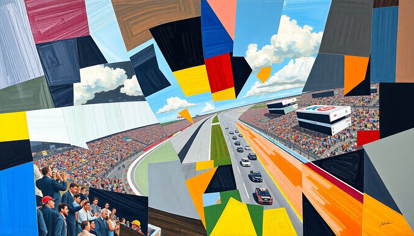 A cubist, geometric painting depicting a NASCAR race at Rockingham, with sharp, overlapping planes of color and shape representing the high-speed action on the track.