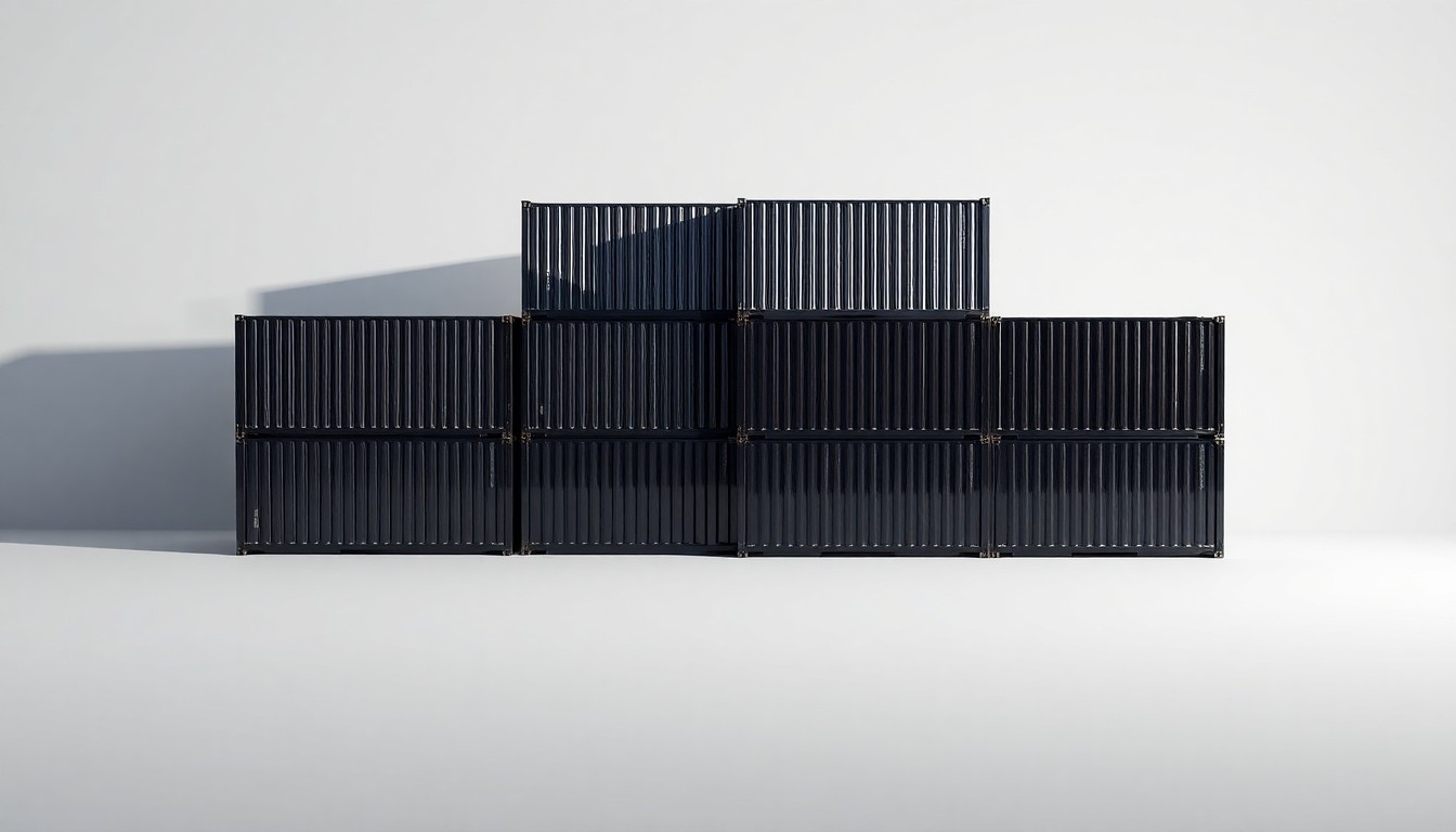 A high-end, photorealistic studio still-life photograph featuring a stack of polished steel shipping containers, their reflective surfaces casting dramatic shadows on a clean, monochromatic background, symbolizing the transportation of Russia's LNG exports and the financial implications of this trade.