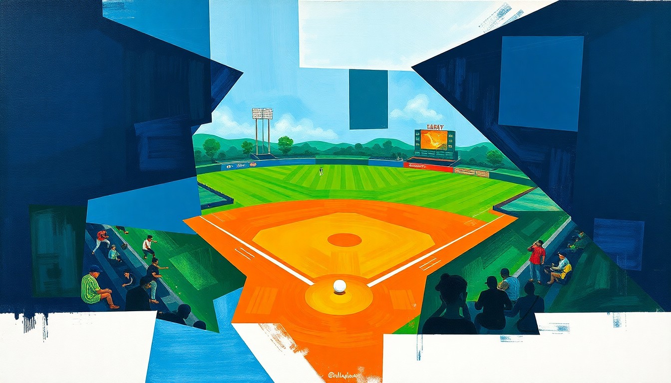 A fragmented, geometric painting depicting a baseball game or match, with sharp planes of navy, green, and orange intersecting to create a dynamic, abstract composition.