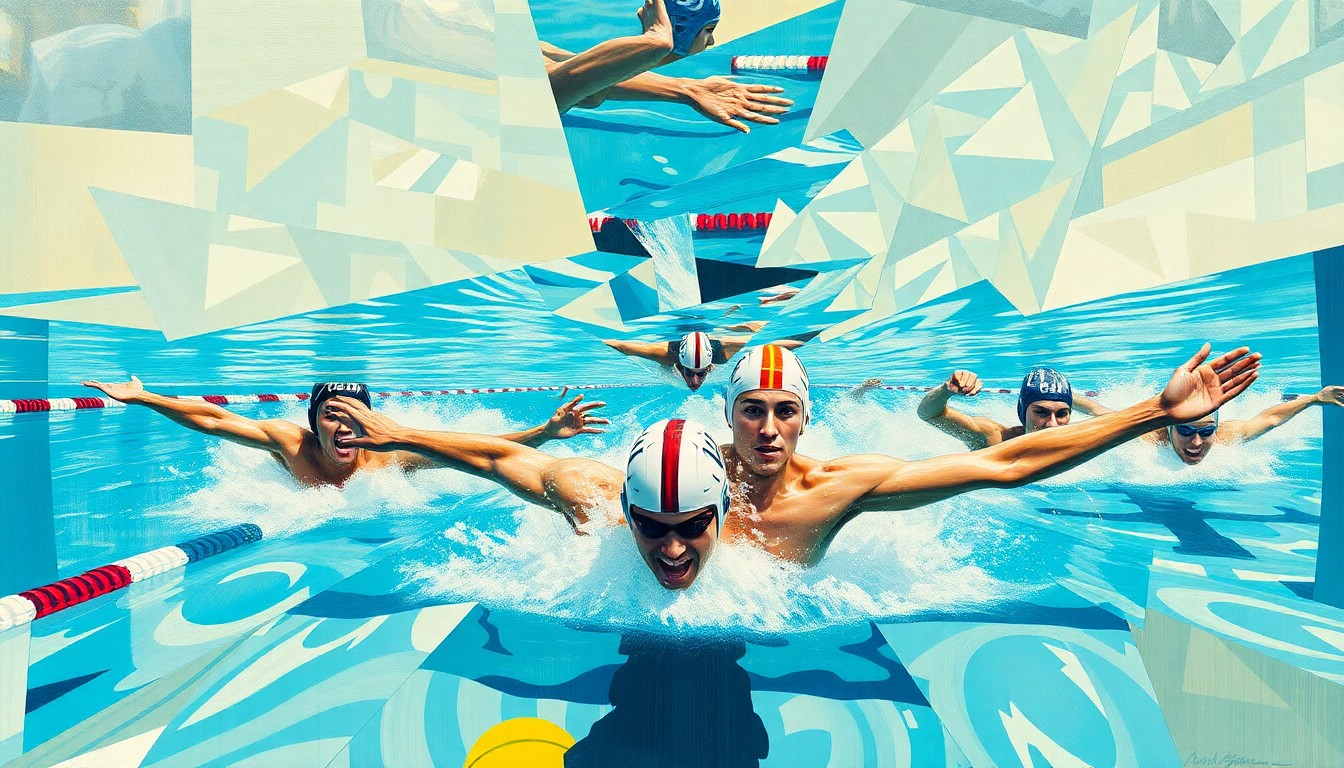 A cubist, geometric painting depicting a fragmented and deconstructed scene of a swimming or water polo competition, with sharp, overlapping shapes and planes representing the growing divide between the Olympics' ideals and the reality of its commercialization.