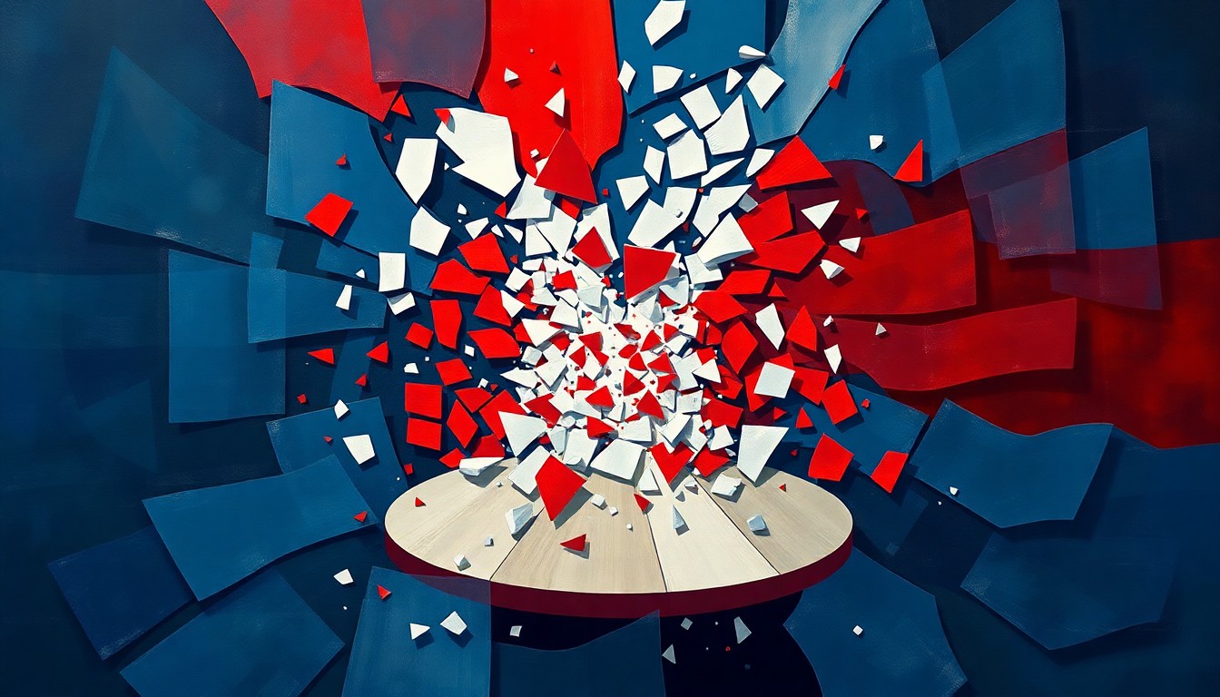 A dynamic, fragmented painting depicting the breakdown of diplomatic negotiations, with shattered pieces of a table floating in waves of red, white, and blue paint, conveying a sense of instability and crisis.