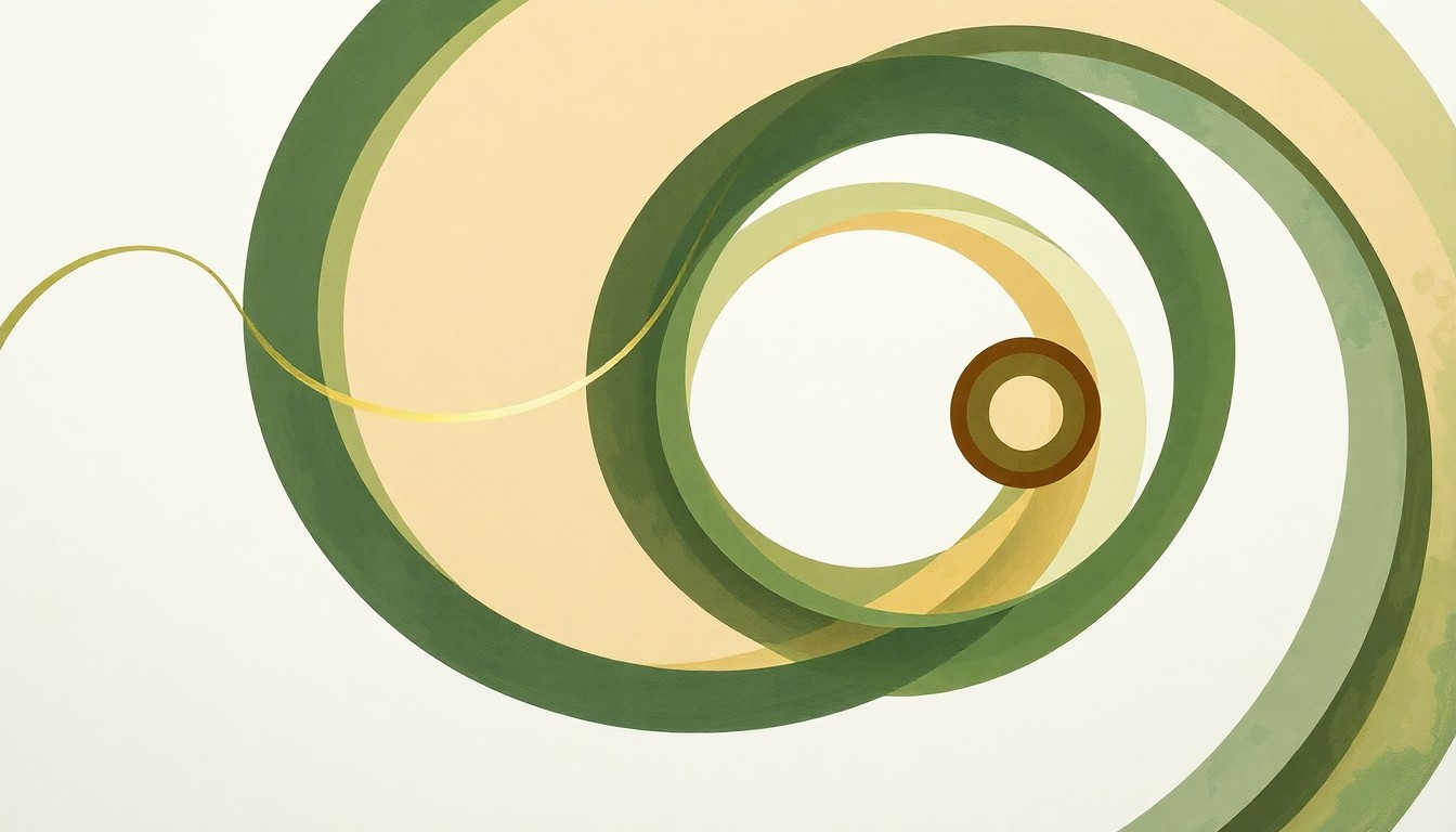 A highly structured abstract painting in soft, earthy tones of green, brown, and blue, featuring sweeping geometric arcs, concentric circles, and precise botanical spirals, conceptually representing the complex chemical process of converting carbon dioxide into carbohydrates.