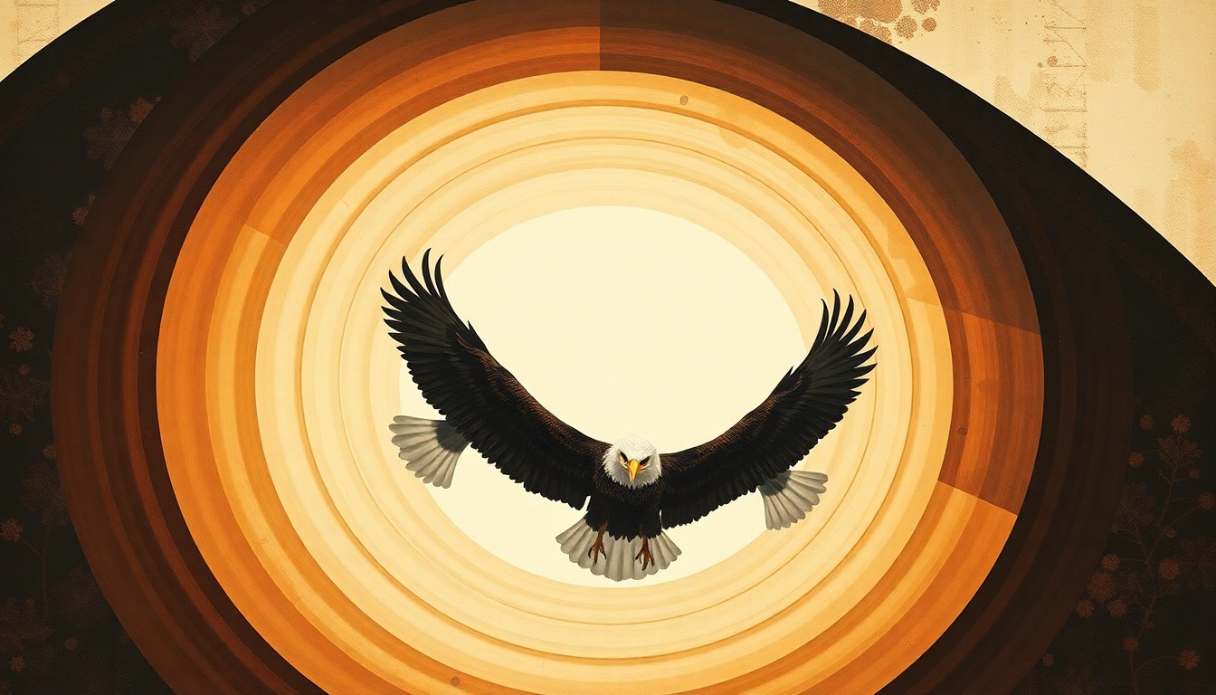 A bold, abstract painting featuring sweeping geometric arcs, concentric circles, and precise botanical spirals in earthy tones, conceptually representing the cyclical breeding patterns of bald eagles.