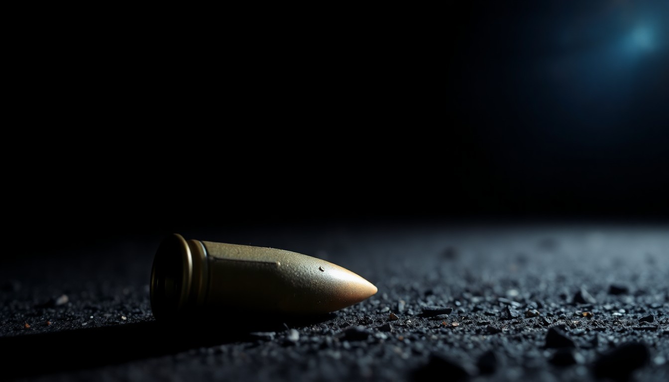 An extreme close-up photograph of a spent shell casing on the ground, lit by a harsh, direct camera flash, conveying the stark, gritty reality of a tragic school shooting incident.