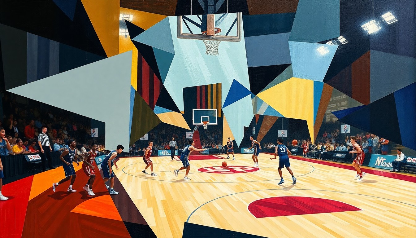 A cubist, geometric painting depicting a fragmented, multi-perspective view of a college basketball game or competition, with players and the court broken down into abstract shapes and planes of color, conveying a sense of motion and energy.