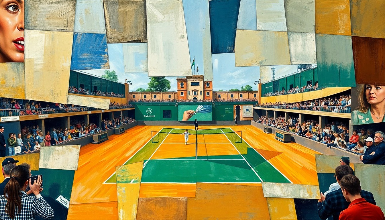 A cubist, geometric painting depicting a tennis match on an outer court, with the players and court broken down into sharp, overlapping planes of color and shape.