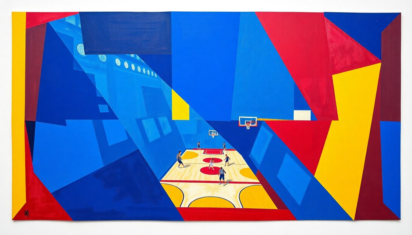 A cubist, geometric painting depicting a WNBA basketball game in motion, with sharp, overlapping planes of color representing the dynamic action on the court.