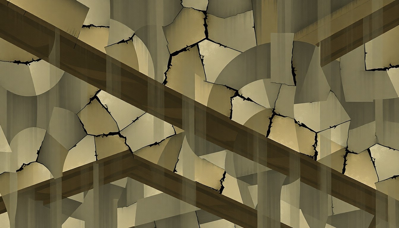 A textured, abstract painting composed of overlapping, fractured geometric shapes in shades of gray, brown, and blue, conveying a sense of an aging, overburdened transportation system.