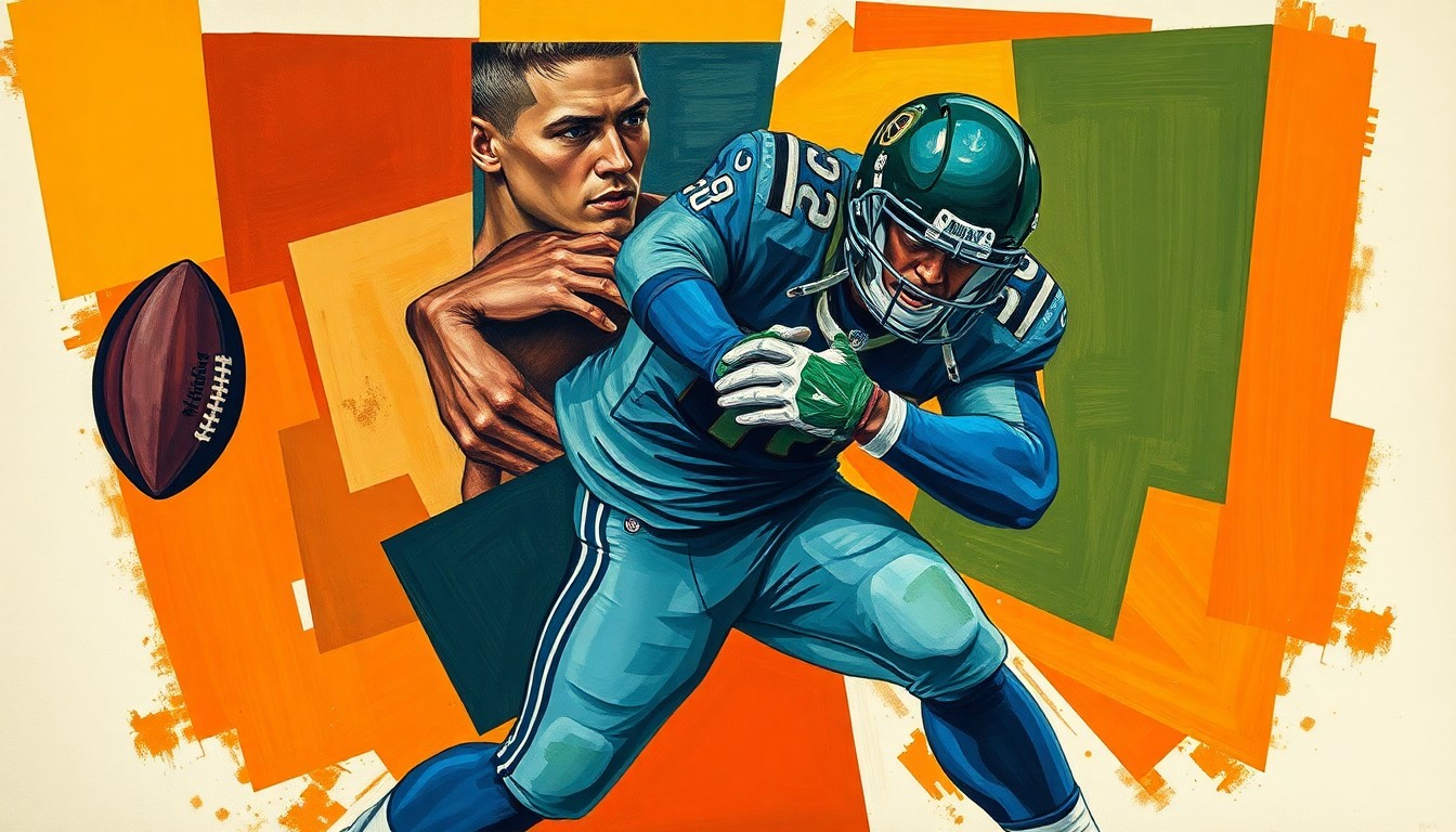 A fragmented, geometric painting depicting the dynamic movements of a defensive lineman in the midst of a pass-rush, with sharp angles and overlapping planes conveying the raw power and precision of elite-level defensive play.