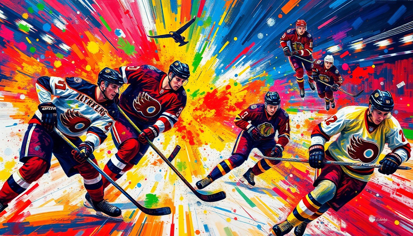 An abstract, expressionist painting in neon colors depicting the intense, fast-paced action of a professional hockey game, with players' movements and equipment blending into a vibrant, energetic composition.