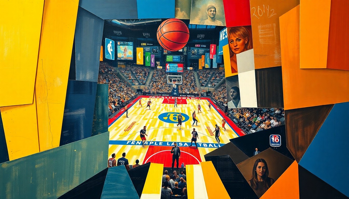 A cubist-style painting depicting a basketball game in a fractured, geometric style, with overlapping planes of color and shape representing the players and action on the court.