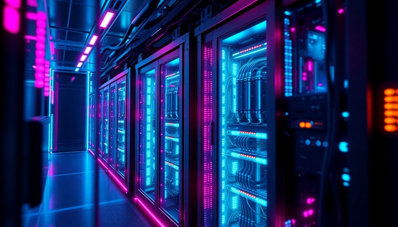A highly detailed, glowing 3D illustration of a futuristic data center server rack, with intricate hardware components illuminated by neon cyan and magenta lights, conceptually representing the immense power demands of AI technology and its broader implications.