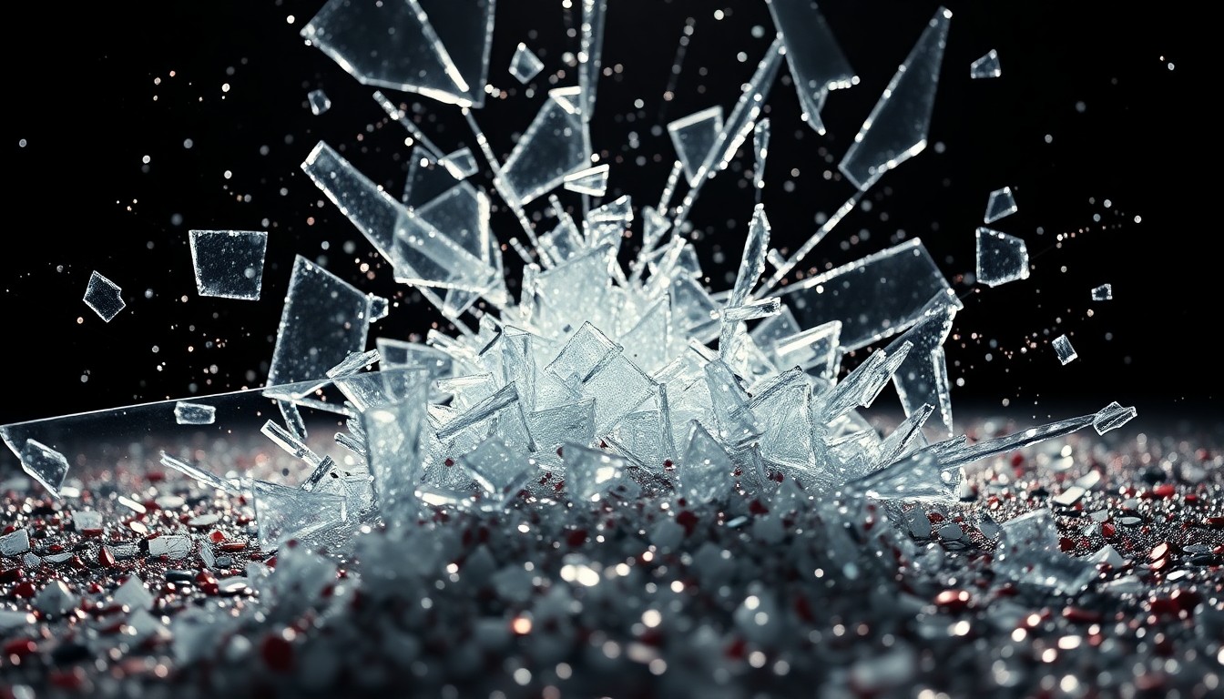 An abstract close-up photograph featuring shattered glass and glittering sequins, conveying the emotional weight and iconic status of the Osbourne family's former Beverly Hills home.