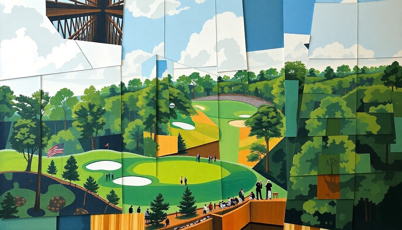 A cubist, geometric painting depicting the 15th hole at Augusta National Golf Club, with the green and water hazard broken down into sharp, overlapping planes of color, capturing the risk-reward drama and towering presence of this iconic par-5 hole.