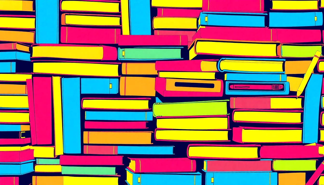 A brightly colored, high-contrast silkscreen print of a stack of textbooks and school supplies repeated in a tight grid pattern, conceptually representing the financial challenges facing the education sector.