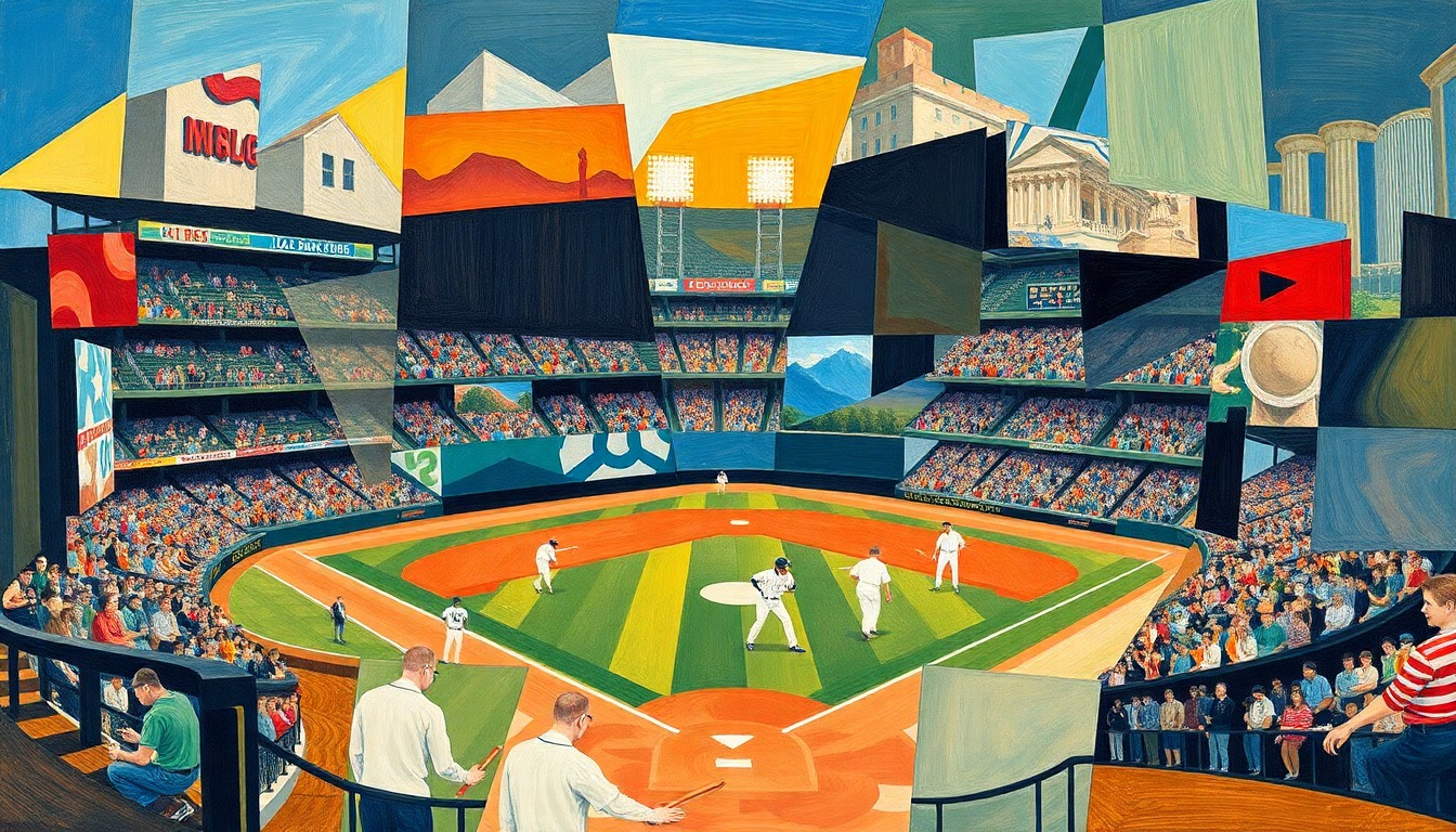 A fragmented, abstract painting depicting a baseball game, with the players and field broken down into sharp, overlapping shapes and planes of color.