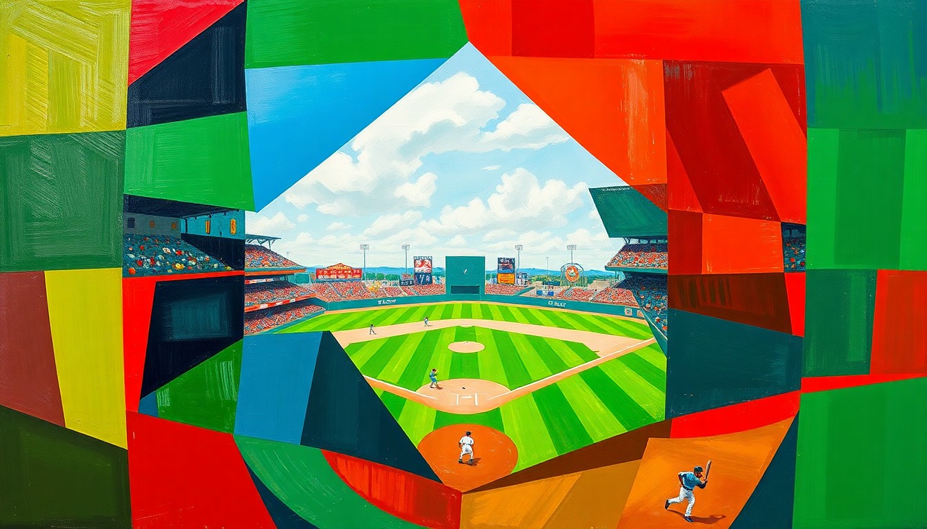 A fractured, cubist-style painting depicting a baseball game broken down into sharp, overlapping geometric shapes and planes of vibrant green, blue, and red colors, without any recognizable faces, logos, or text.