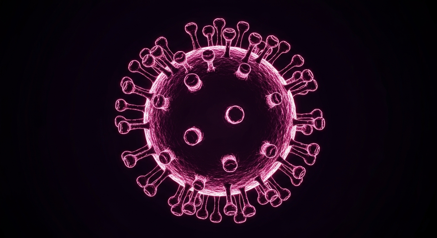 A minimalist design in the style of Keith Haring where the measles virus particle is defined entirely by glowing, vibrant neon lines against a deep, dark background, emphasizing the shape and electricity of the infectious agent.