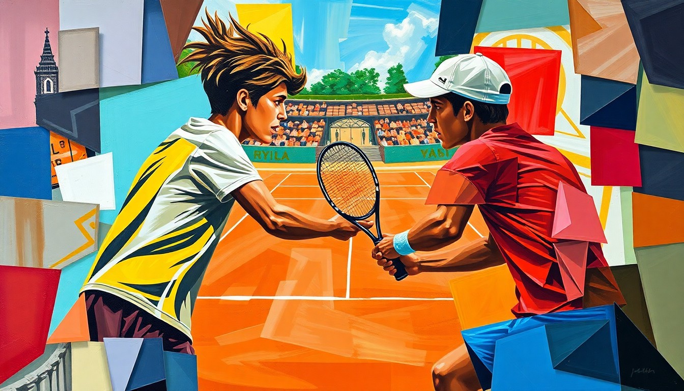 A fragmented, cubist-style painting depicting the dynamic movement and energy of a tennis match between two young American players, with sharp geometric shapes and vibrant colors capturing the intensity of the clay-court competition.