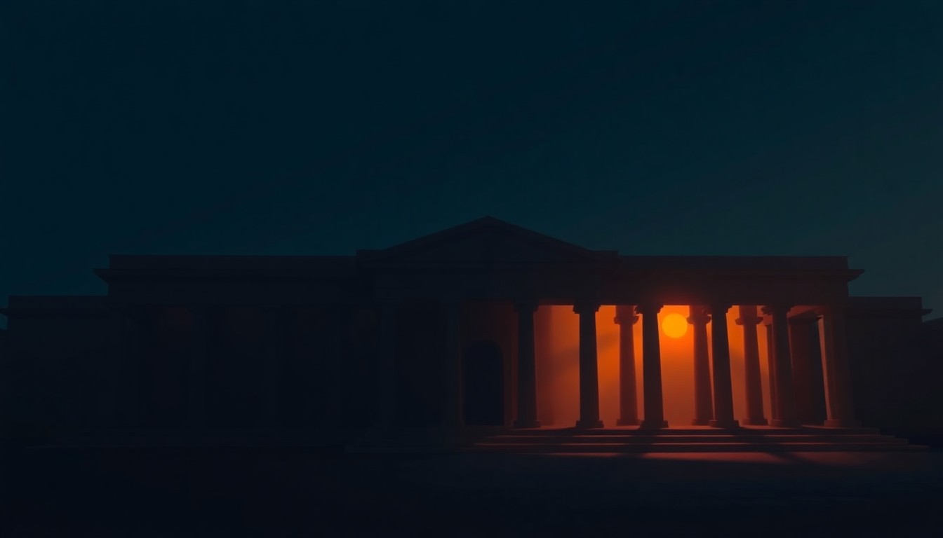 A serene, cinematic painting depicting a solitary Nigerian government building or political figure, with warm sunlight casting dramatic shadows across the scene, conveying a sense of quiet contemplation around the shifting political dynamics.