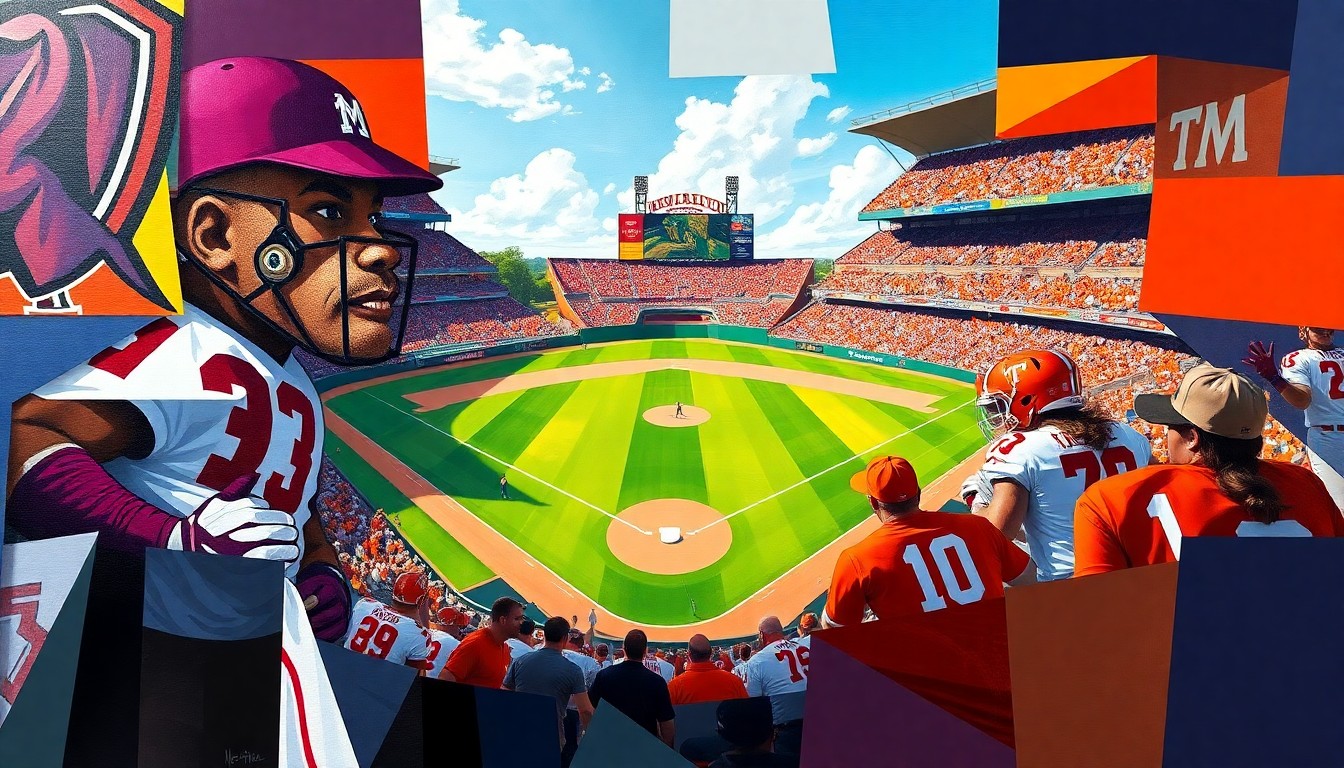 A dynamic, abstract painting featuring sharp, overlapping geometric shapes in the colors of the Mississippi State Bulldogs and Tennessee Volunteers uniforms, conveying the competitive spirit of their baseball matchup.