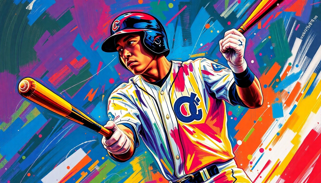 An abstract, expressionist painting in vibrant neon colors depicting the iconic broken-bat moment of baseball player Ichiro Suzuki, conveying the raw energy and resilience of his legendary career.