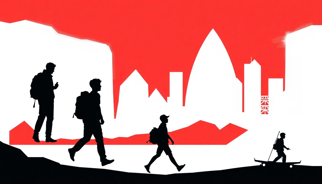 A bold, abstract illustration featuring stark geometric shapes and silhouettes in high-contrast colors, conceptually representing the themes of startup culture, youth, and travel explored in Ritter's poems.