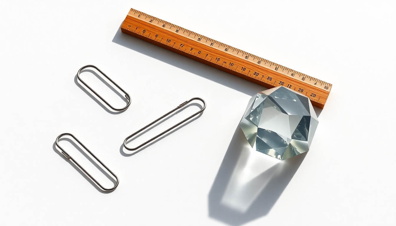 A photorealistic studio still life featuring a metal paperclip, wooden ruler, and glass paperweight arranged elegantly on a clean white background, conceptually representing the abstract ideas of corporate strategy, finance, and risk.