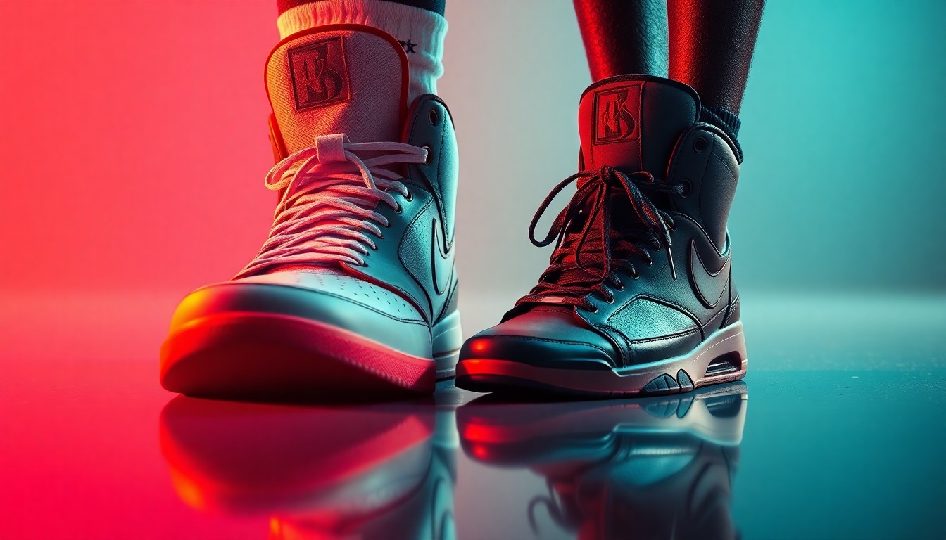An extreme close-up photograph of a pair of oversized, glossy basketball sneakers and a smaller pair of sneakers, using dramatic, high-contrast lighting and textures to conceptually represent the height difference between Shaquille O'Neal and Kevin Hart.