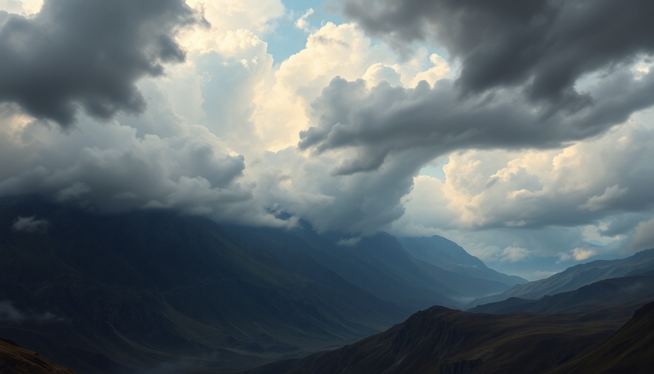 A vast, atmospheric landscape painting in muted tones of gray, blue, and green, depicting a dramatic, stormy sky filled with heavy clouds looming over a rugged, mountainous terrain. The scene conveys a sense of the overwhelming scale and power of the natural world.