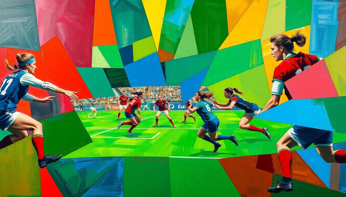 A cubist, geometric painting depicting a women's rugby match, with overlapping planes of color and movement capturing the energy and intensity of the sport.