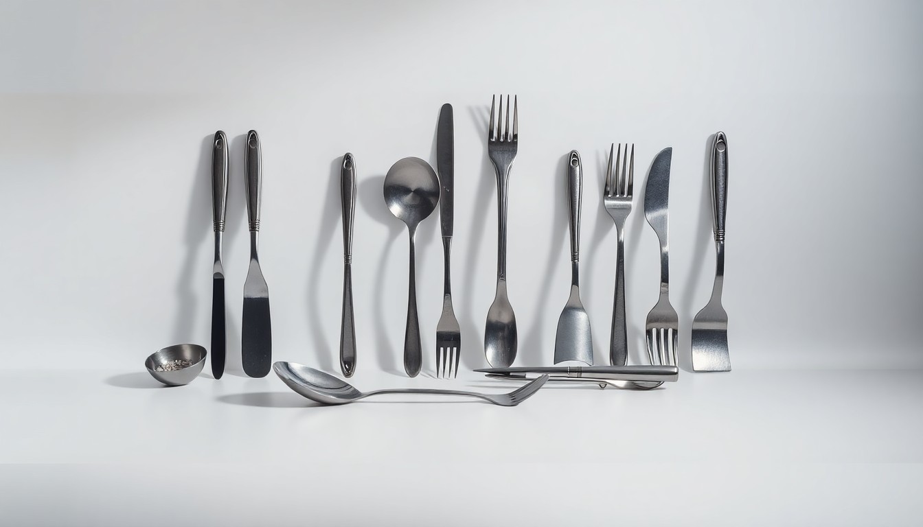 A photorealistic studio still life featuring a collection of premium, polished metal kitchen tools and utensils arranged elegantly on a clean, monochromatic background, conceptually representing the abstract corporate strategy and risk in the restaurant industry.