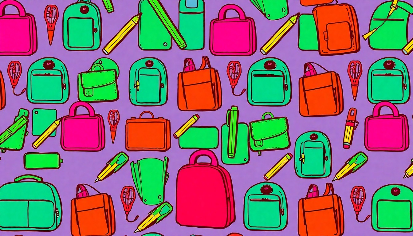 A high-contrast, brightly colored silkscreen print of a school backpack repeated in a grid pattern, conceptually representing the disruption and impact of a false alarm at a high school.