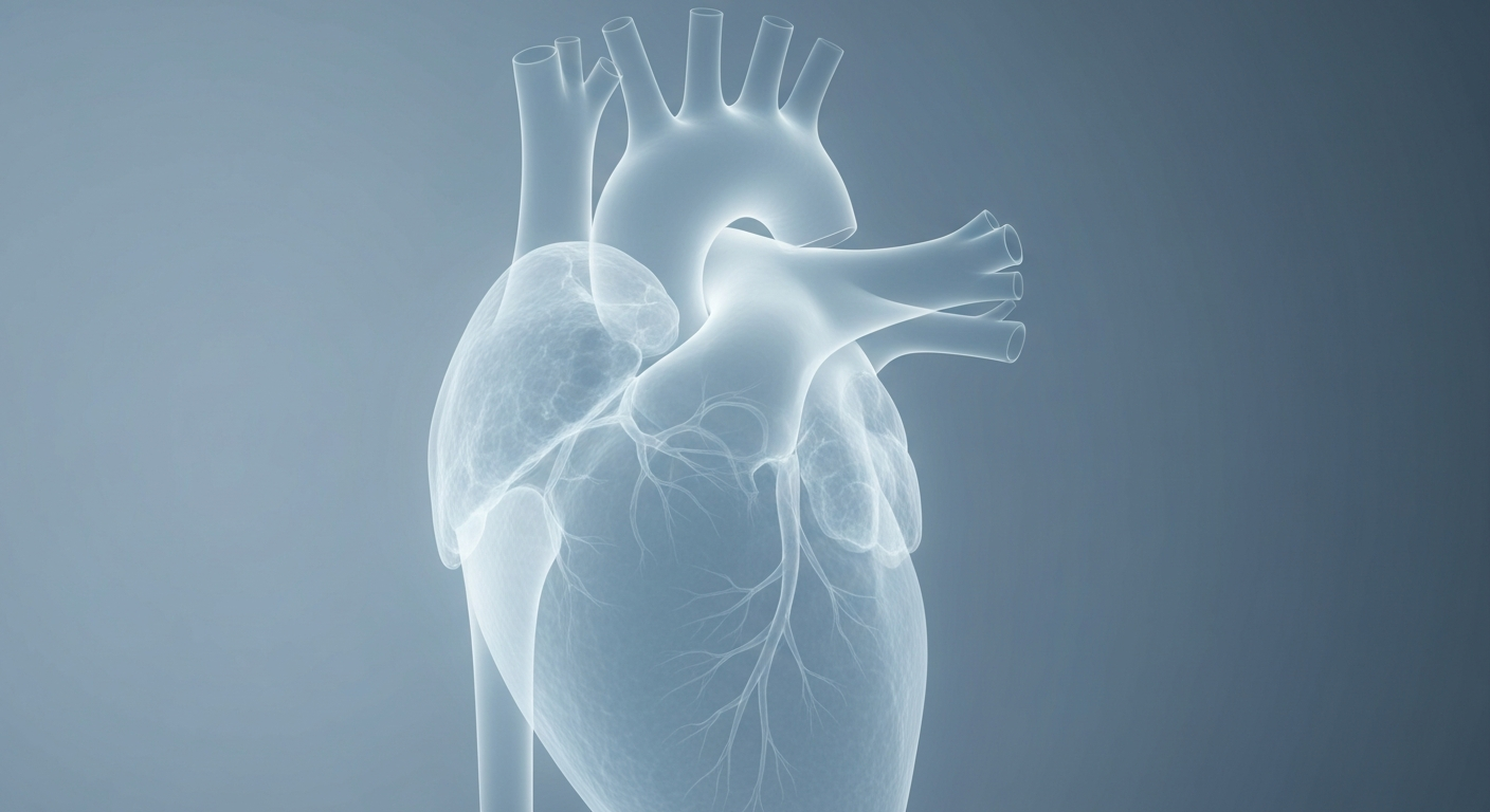 A translucent, ghostly x-ray photograph of a human heart, with glowing lines and structures revealing the intricate inner workings of this vital organ. The image is bathed in a soft, clinical blue-grey palette, conveying a sense of scientific inquiry and the quest for self-optimization.
