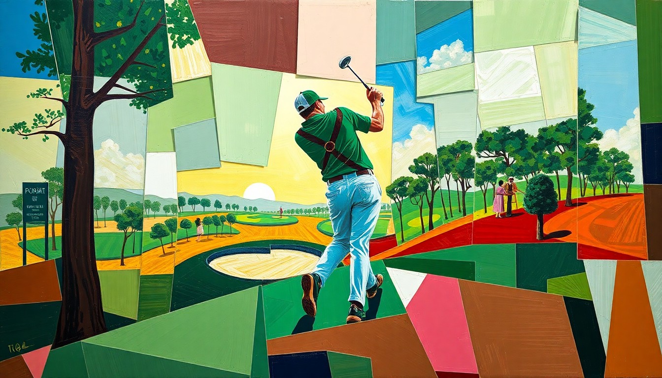 A fractured, multi-perspective painting in the style of Pablo Picasso, breaking a golfer's swing, a golf course, and the Masters tournament down into sharp, overlapping geometric planes in vibrant greens, browns, and blues.