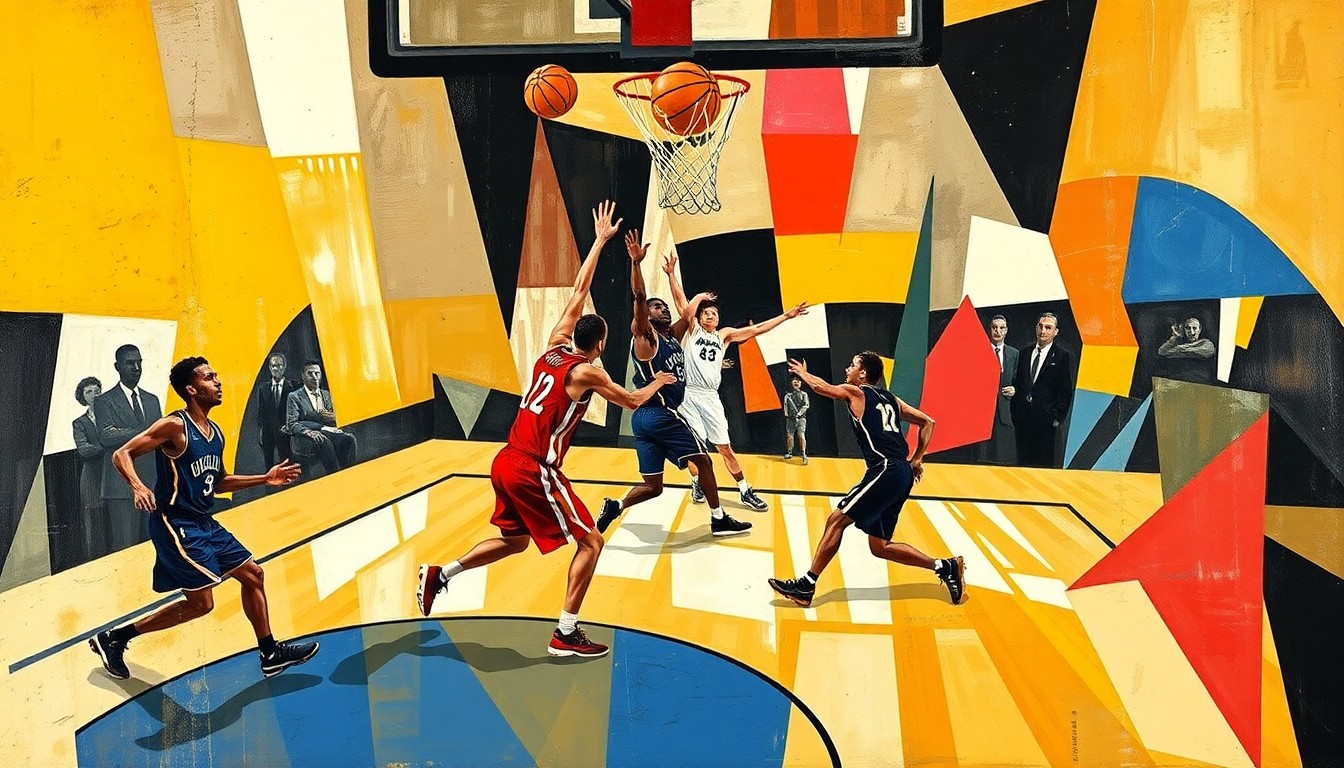 A fragmented, geometric painting depicting the frenetic action of a basketball game, with players' forms broken down into abstract shapes and planes of color.