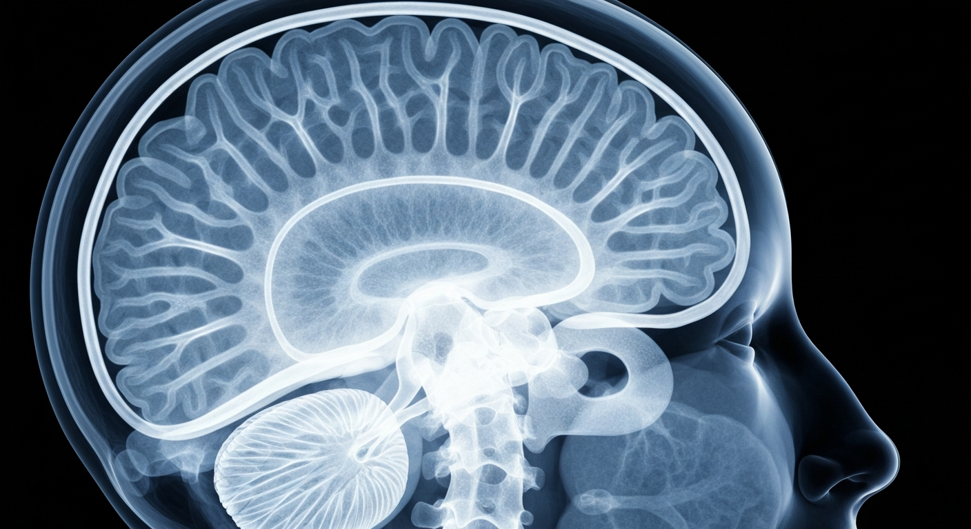 A highly detailed, translucent X-ray photograph revealing the intricate internal structure of a human brain with glowing, ghostly lines, conceptually illustrating the scientific insights behind a new gene therapy treatment for epilepsy.