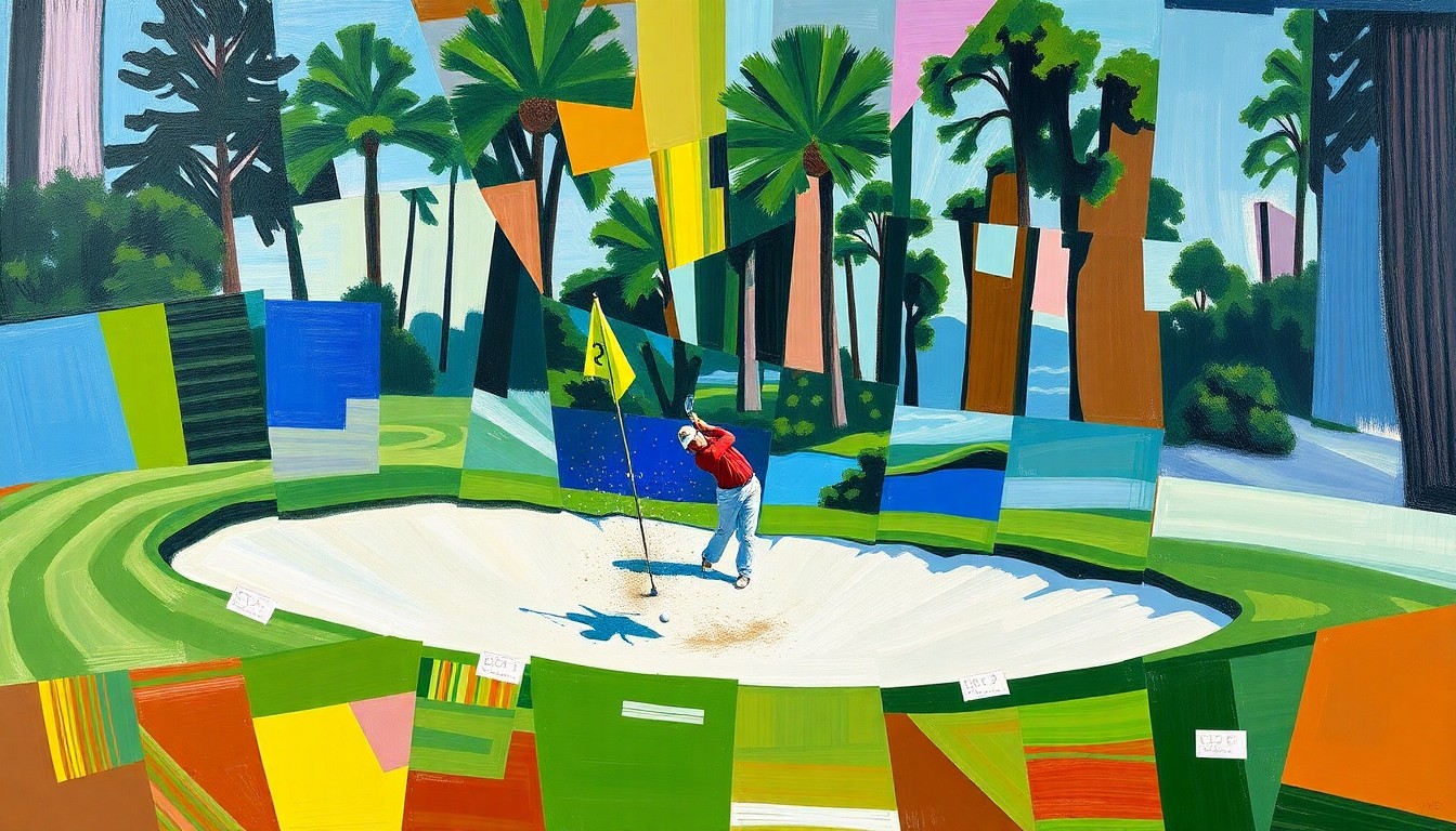 A fractured, geometric painting depicting Bryson DeChambeau's bunker shot on the 11th hole at the 2026 Masters, with sharp, overlapping planes of color representing the chaotic nature of the moment.