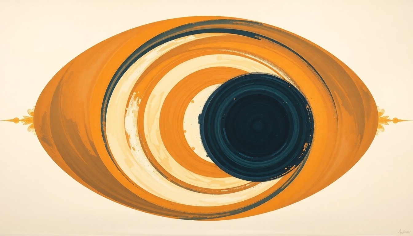 A bold, abstract painting in the style of Hilma af Klint, featuring sweeping geometric arcs, concentric circles, and precise spirals in earthy tones of ochre, sienna, and deep blue, conceptually representing the complex forces and structures involved in the Artemis II mission's reentry.