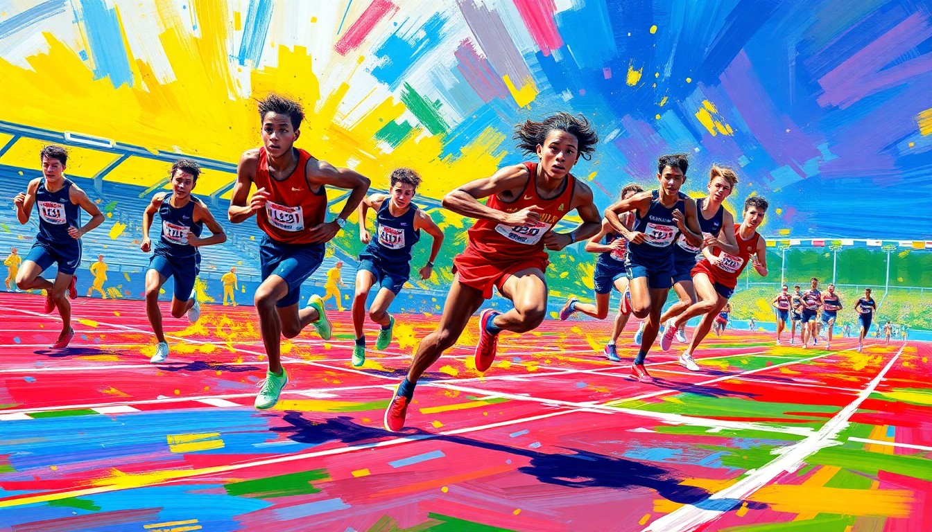 An abstract, energetic painting with bold, neon-colored brushstrokes representing the dynamic motion of high school track and field athletes competing on a track.