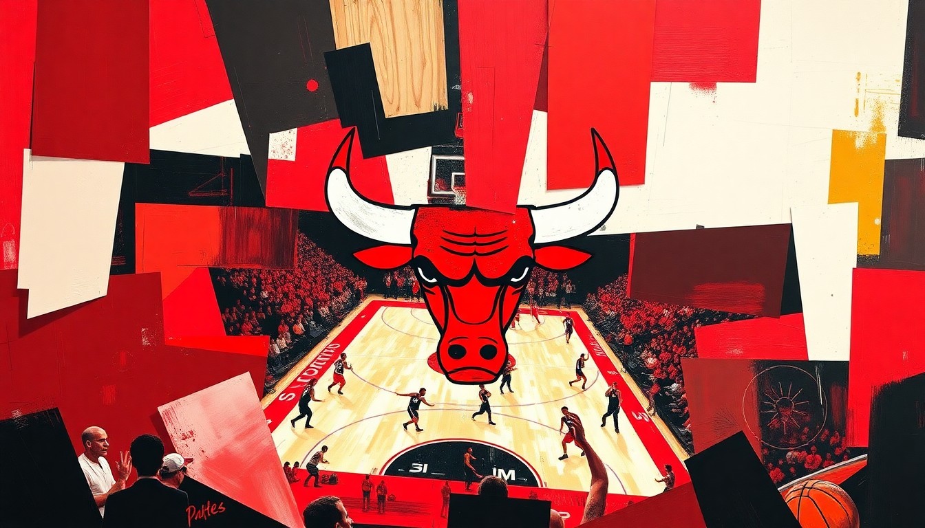 A cubist, geometric painting depicting a fragmented, multi-angled view of a Chicago Bulls basketball game, with the team's official colors of red, black, and white used in the abstract, overlapping shapes.