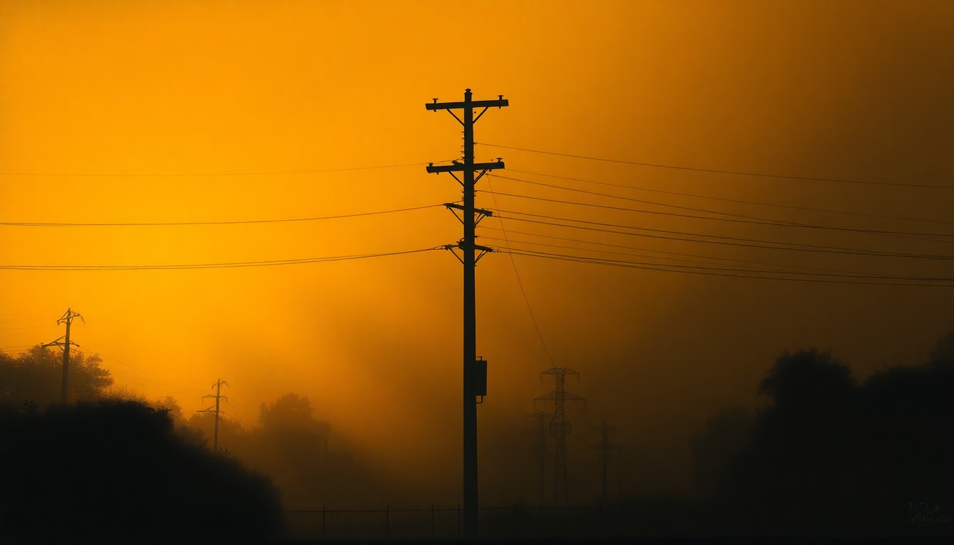 A photorealistic painting of a lone utility pole or electrical substation in a urban setting, with warm sunlight casting long shadows and creating a sense of quiet unease about the future.
