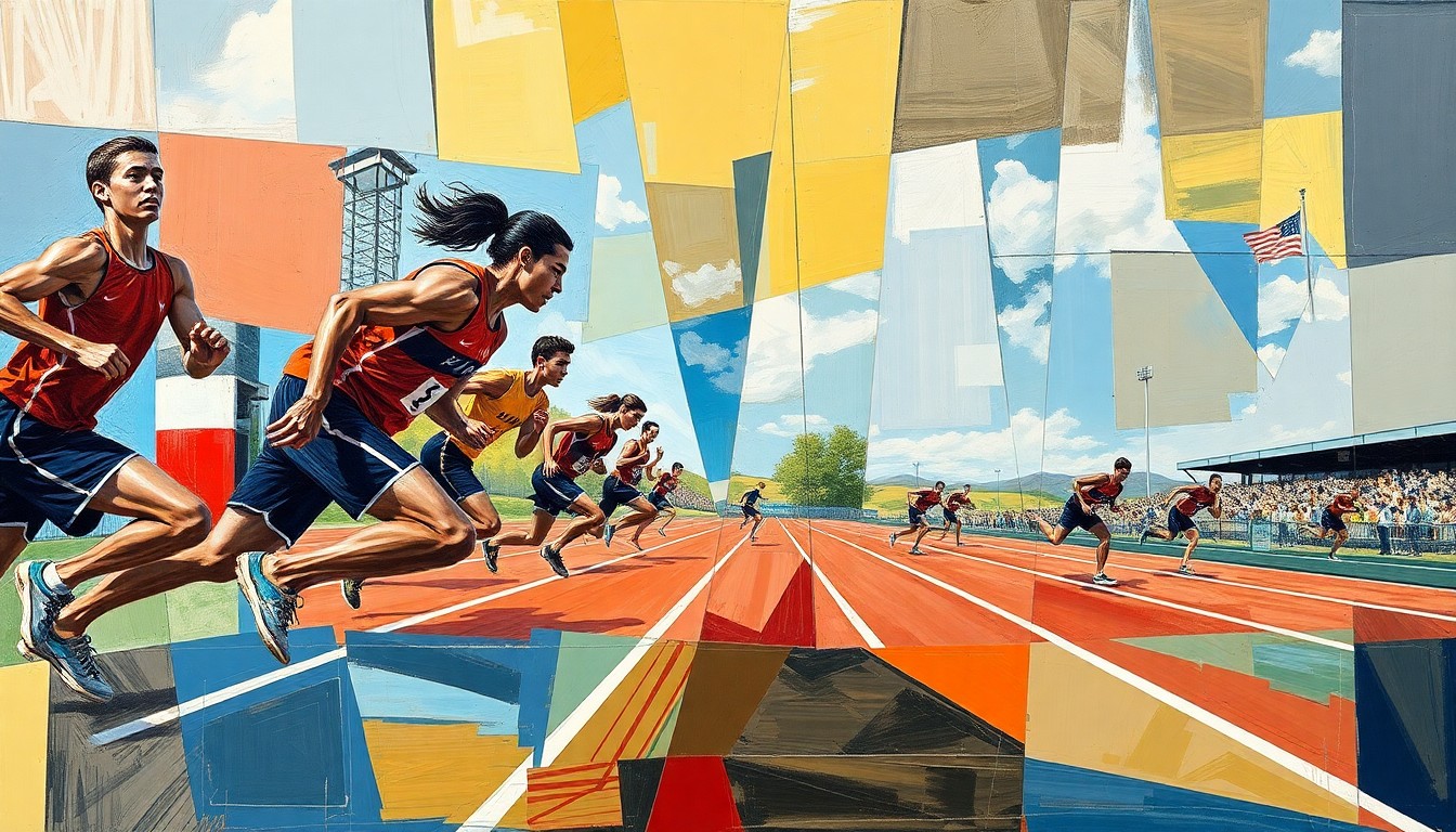 A fragmented, geometric painting depicting the blurred movements and competing perspectives of a high school track and field competition, conveying the raw athleticism and competitive spirit of the event.