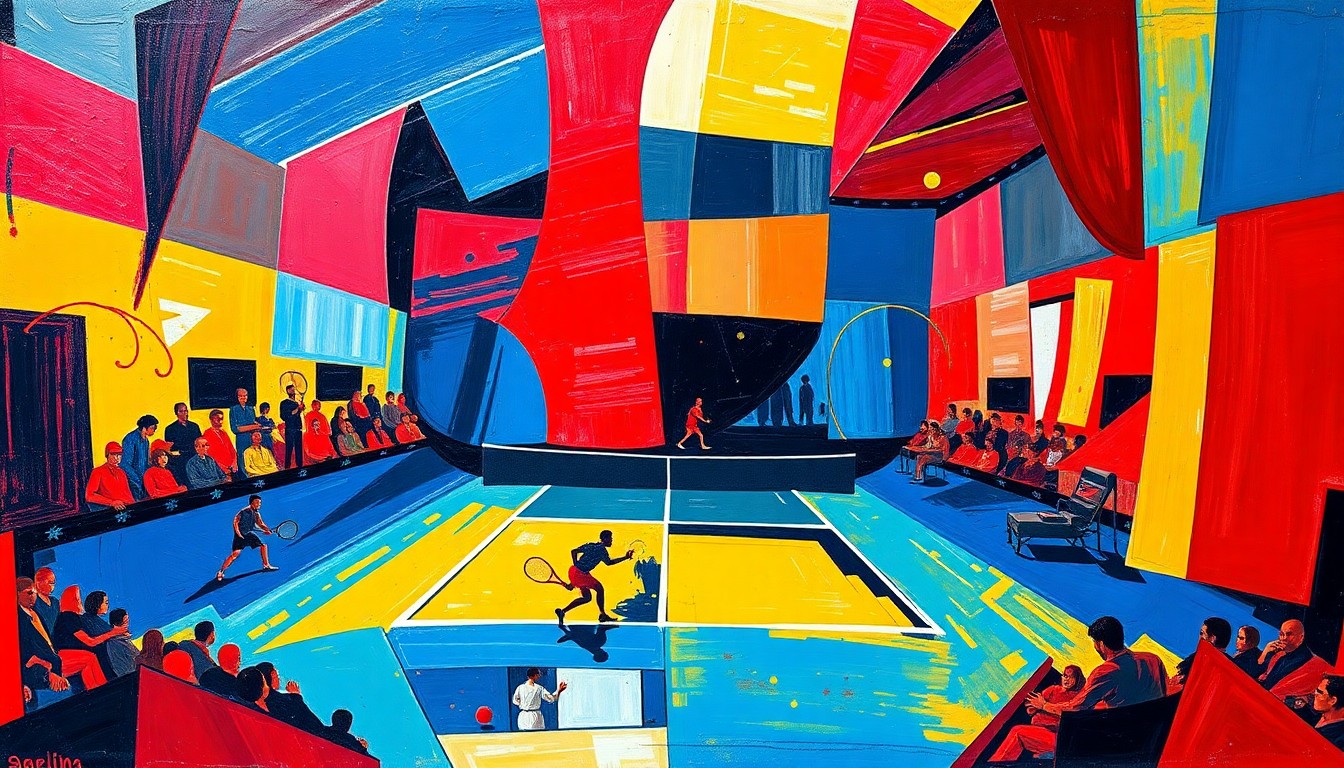 A fragmented, geometric painting in bold colors depicting the intense tennis match between the two players, conveying the unpredictable nature of the sport.