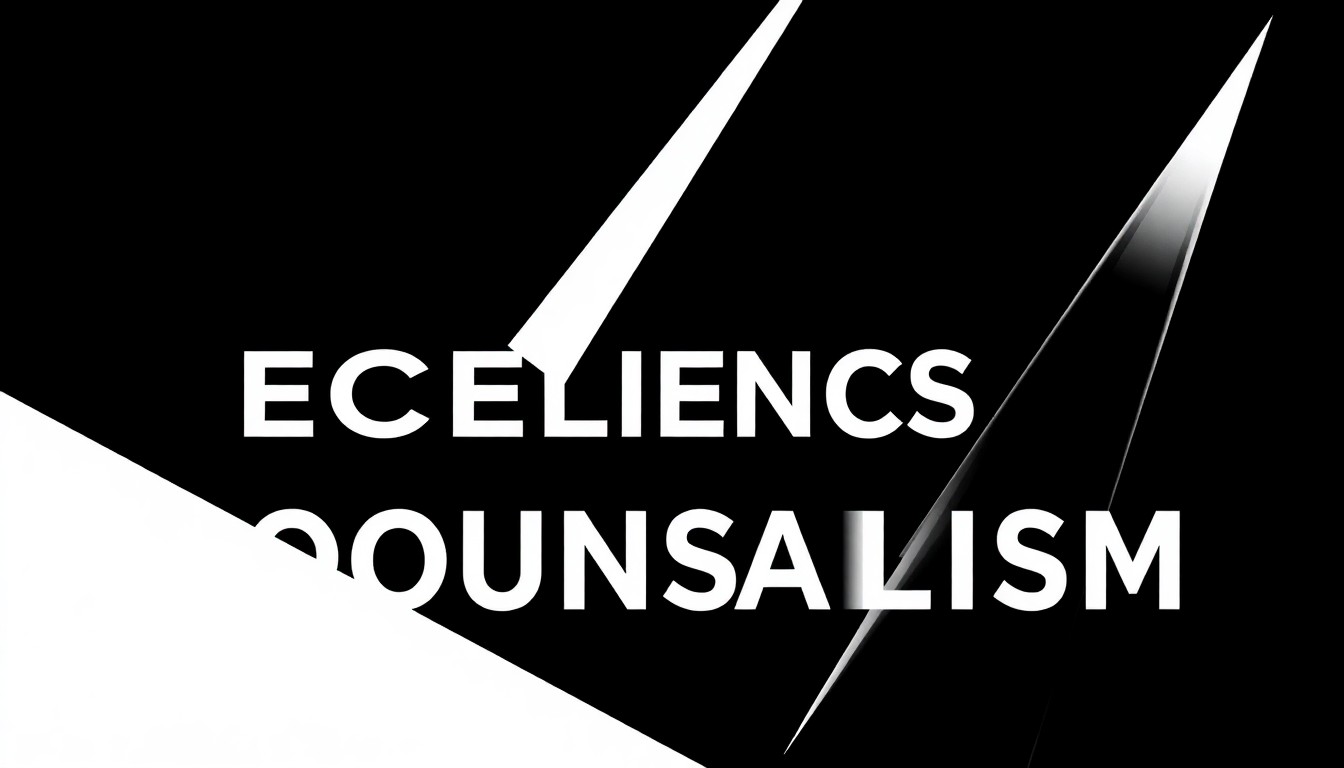 A dynamic, abstract composition of black and white geometric shapes, conceptually representing the idea of excellence in broadcast news reporting.