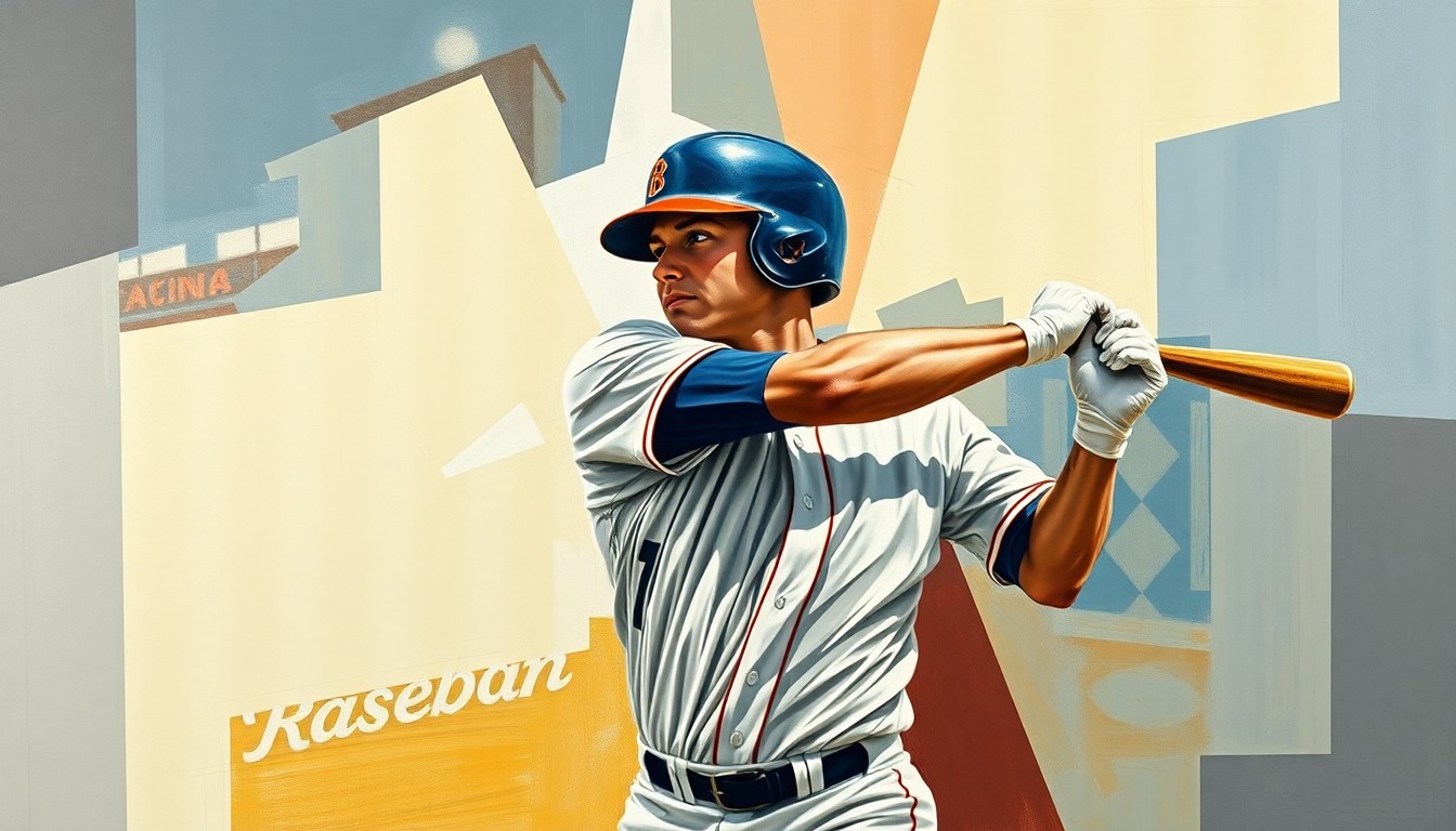 A cubist-style painting depicting a baseball player in mid-swing, with their body and uniform broken down into sharp, overlapping geometric shapes and planes, capturing the dynamic energy of the moment.