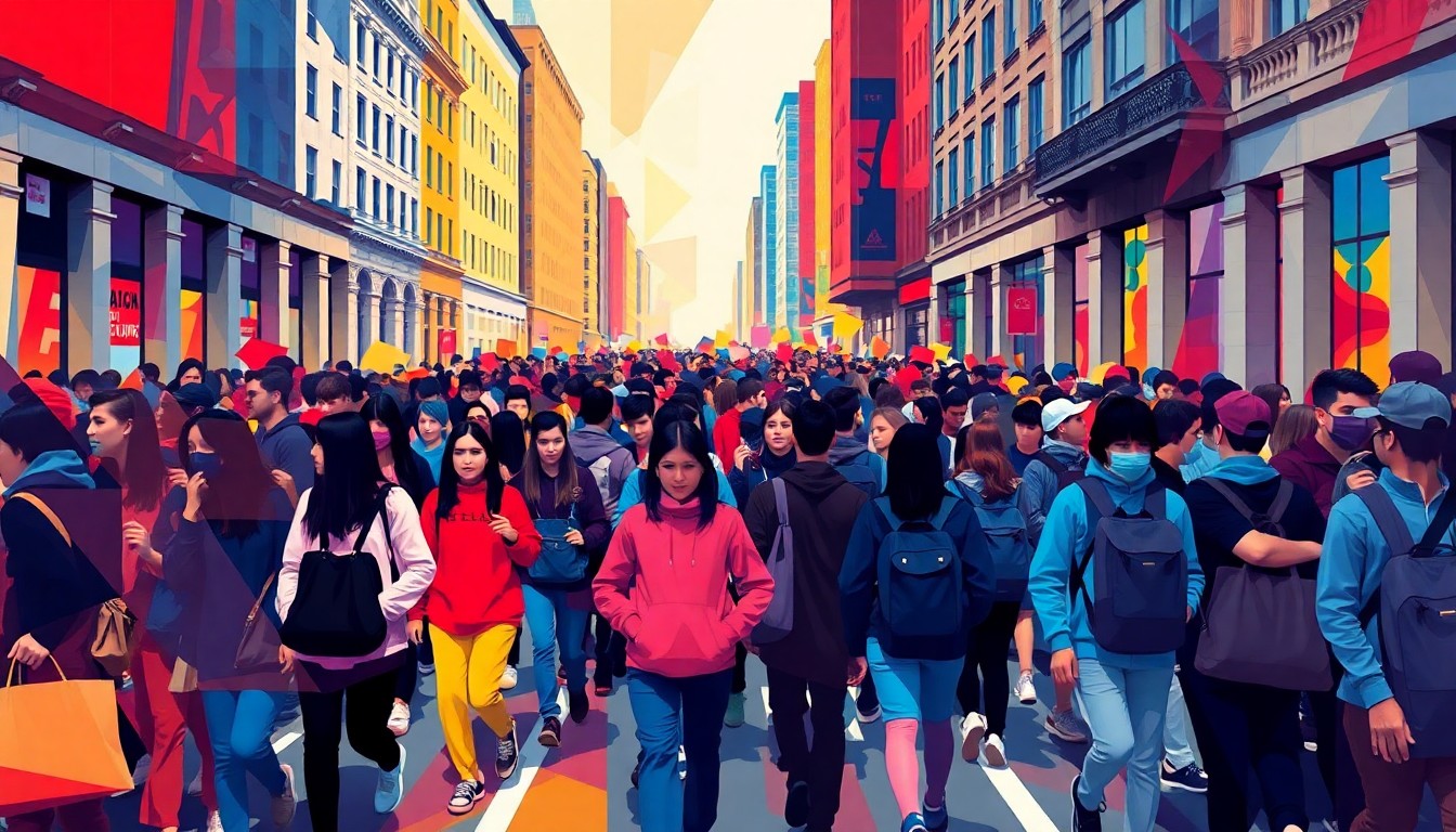 A vibrant, fractured painting depicting a crowd of marching students, their figures repeated in overlapping geometric shapes and waves of bold colors, conveying the energy and unity of the Fresno student walkouts.