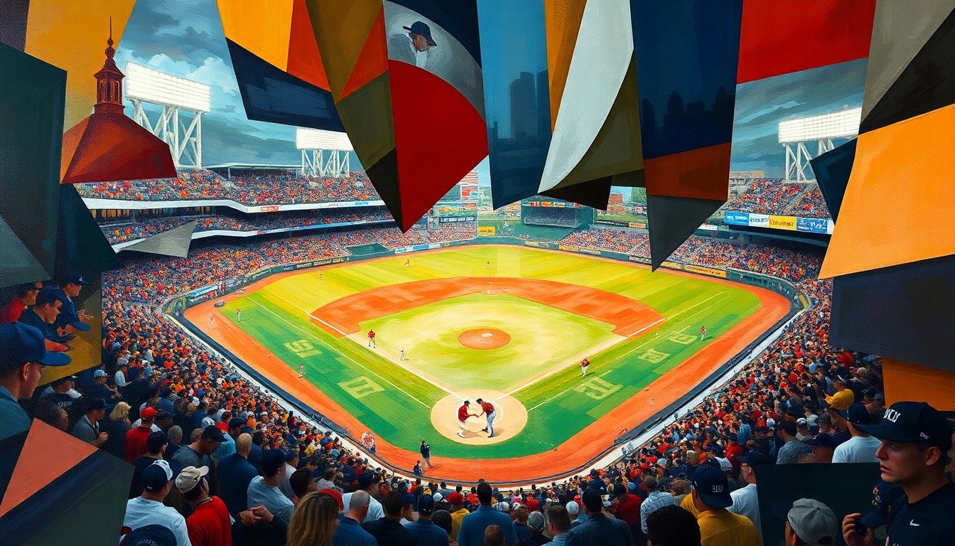 A fractured, geometric painting in vibrant shades of blue, green, and orange, depicting the dynamic action of a college baseball game through an abstract, multi-perspective lens.